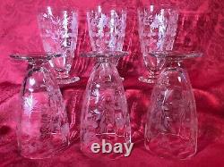 6 Rare vintage crystal clear etched cut glass footed tumblers, iced tea glasses