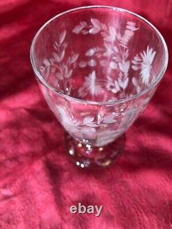 6 Rare vintage crystal clear etched cut glass footed tumblers, iced tea glasses