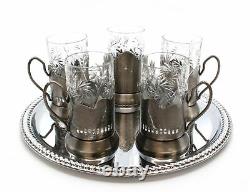 6 Russian CUT Crystal Drinking Tea Podstakannik Glasses with metal Glass Holders