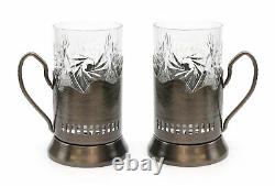 6 Russian CUT Crystal Drinking Tea Podstakannik Glasses with metal Glass Holders