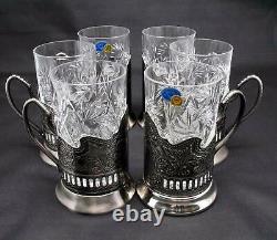 6 Russian CUT Crystal Drinking Tea Podstakannik Glasses with metal Glass Holders