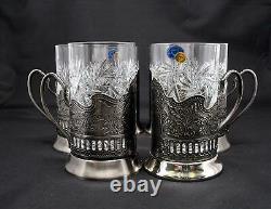 6 Russian CUT Crystal Drinking Tea Podstakannik Glasses with metal Glass Holders