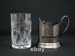 6 Russian CUT Crystal Drinking Tea Podstakannik Glasses with metal Glass Holders