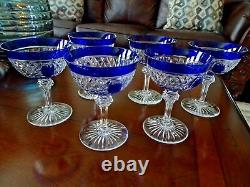 6 VAL ST LAMBERT Belgian Crystal Blue CUT TO CLEAR Goblets Champagne Sherbet