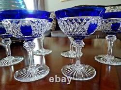 6 VAL ST LAMBERT Belgian Crystal Blue CUT TO CLEAR Goblets Champagne Sherbet