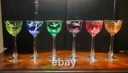 6 Vintage Czech Moser Cut to Clear Wine Hoch Glasses Birds of the Wild Series