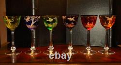 6 Vintage Czech Moser Cut to Clear Wine Hoch Glasses Birds of the Wild Series