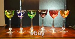 6 Vintage Czech Moser Cut to Clear Wine Hoch Glasses Birds of the Wild Series