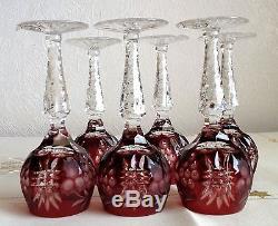 6 pcs AJKA MARTISA RUBY RED CUT TO CLEAR CRYSTAL CORDIALS GLASSES, SIGNED