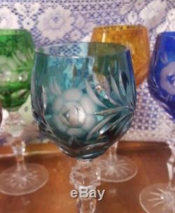 6 x BOHEMIAN CRYSTAL MULTI-COLOR CUT TO CLEAR WINE GLASSE STEMWARE ROSES
