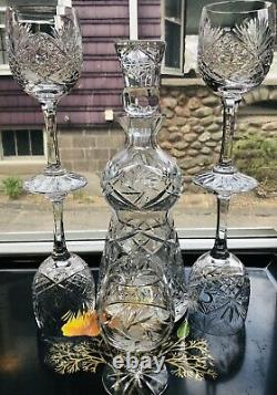 7 Brilliant Cut Scottish Thistle Form Crystal Decanter & Glass Pinwheel Star MCM