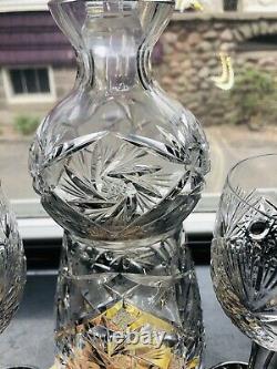 7 Brilliant Cut Scottish Thistle Form Crystal Decanter & Glass Pinwheel Star MCM