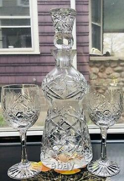 7 Brilliant Cut Scottish Thistle Form Crystal Decanter & Glass Pinwheel Star MCM