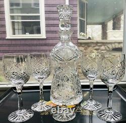 7 Brilliant Cut Scottish Thistle Form Crystal Decanter & Glass Pinwheel Star MCM