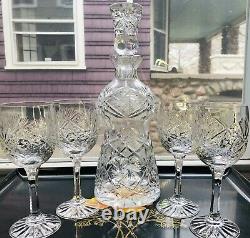 7 Brilliant Cut Scottish Thistle Form Crystal Decanter & Glass Pinwheel Star MCM