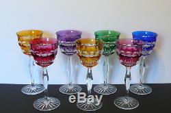 7 French St. Louis Baccarat Multicolored Cut To Clear Crystal Wine Glasses