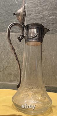 84 Marked Antique WMF Style Cut Crystal Ewer Jug Silver Metal Mounts