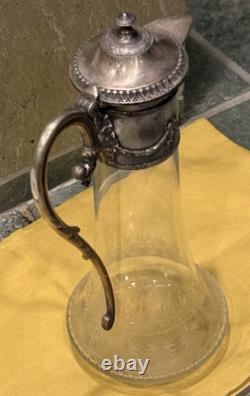 84 Marked Antique WMF Style Cut Crystal Ewer Jug Silver Metal Mounts