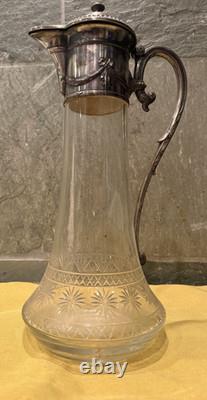 84 Marked Antique WMF Style Cut Crystal Ewer Jug Silver Metal Mounts