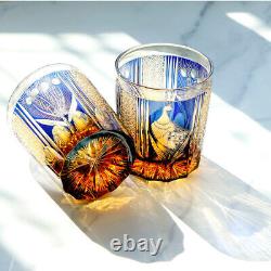 8.5oz Amber Blue Whiskey Glasses Japanese Style Hand Cut Crystal Kiriko Glass