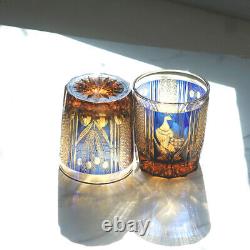 8.5oz Amber Blue Whiskey Glasses Japanese Style Hand Cut Crystal Kiriko Glass