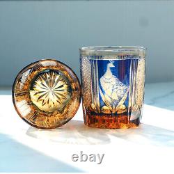 8.5oz Japanese Edo Kiriko Blue Whiskey Cup with Peacock Pattern Free Shipping