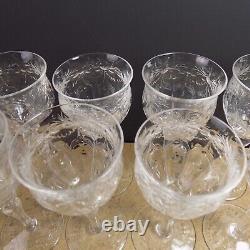 8 Antique Crystal Wine Glasses Rock Cut Intaglio Floral Glass