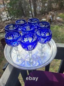 8 COBALT CUT TO CLEAR Nachtmann WINE CRYSTAL GLASS GOBLETS 6.5 H Flawless