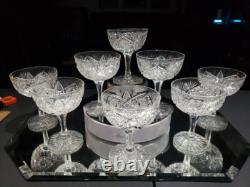 (8) Champagne Glasses, American Brilliant Period Cut Glass Crystal Hoare Monarch