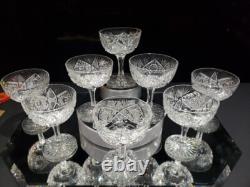 (8) Champagne Glasses, American Brilliant Period Cut Glass Crystal Hoare Monarch