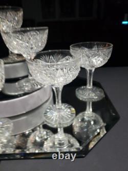 (8) Champagne Glasses, American Brilliant Period Cut Glass Crystal Hoare Monarch