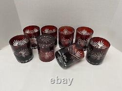 8 Czech Bohemian Cut Clear Red Crystal Old Fashion Whiskey Facet Glass Tumbler