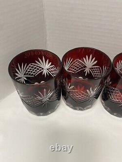 8 Czech Bohemian Cut Clear Red Crystal Old Fashion Whiskey Facet Glass Tumbler