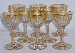 8 pcs Antique Val Saint Lambert Crystal Gold Encrusted Intaglio Cut Wine Glasses