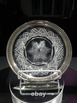 9.5 Plate Tray, American brilliant Period Cut glass Crystal Sterling Silver rim