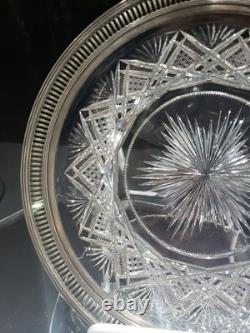 9.5 Plate Tray, American brilliant Period Cut glass Crystal Sterling Silver rim
