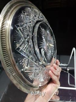 9.5 Plate Tray, American brilliant Period Cut glass Crystal Sterling Silver rim