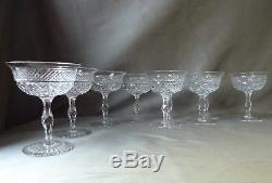 9 ANTIQUE WEBB /TUDOR CRYSTAL RUSSELL CUT CHAMPAGNE GLASSES, 5 SIGNED, h10,5 cm