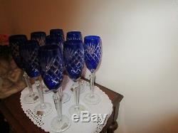 9 Cobalt Blue Crystal Cut to Clear Champagne Flutes Glasses 10 5/8 Godinger