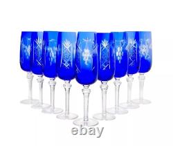 9 Flashed Cut Crystal Bohemian Cobalt Blue Fluted Champagne Glasses 8 5/8 8oz