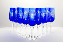 9 Flashed Cut Crystal Bohemian Cobalt Blue Fluted Champagne Glasses 8 5/8 8oz