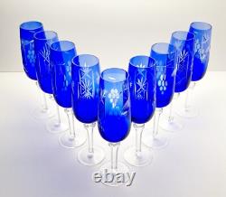 9 Flashed Cut Crystal Bohemian Cobalt Blue Fluted Champagne Glasses 8 5/8 8oz