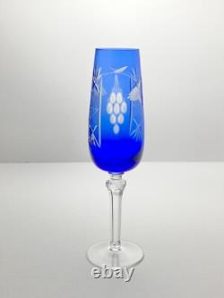 9 Flashed Cut Crystal Bohemian Cobalt Blue Fluted Champagne Glasses 8 5/8 8oz