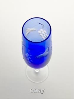 9 Flashed Cut Crystal Bohemian Cobalt Blue Fluted Champagne Glasses 8 5/8 8oz