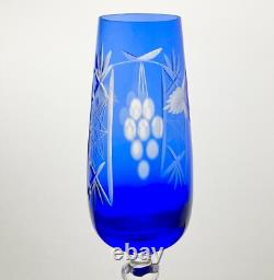 9 Flashed Cut Crystal Bohemian Cobalt Blue Fluted Champagne Glasses 8 5/8 8oz