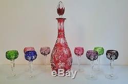 AJKA Cranberry Cut To Clear Glass Crystal Decanter 8 Cordial Glass Goblet Set