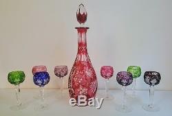 AJKA Cranberry Cut To Clear Glass Crystal Decanter 8 Cordial Glass Goblet Set