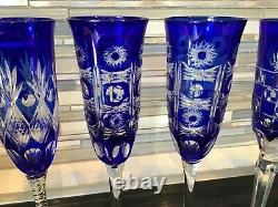 AJKA Cut To Clear Cobalt Blue Champagne Flutes 8 Pieces 4 Pair