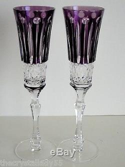 AJKA / FABERGE XENIA AMETHYST CASED CUT TO CLEAR CHAMPAGNE FLUTES Set of 2