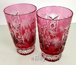 AJKA HUNGARY MARSALA CRANBERRY CASED CUT TO CLEAR CRYSTAL HIGHBALL Set of 2